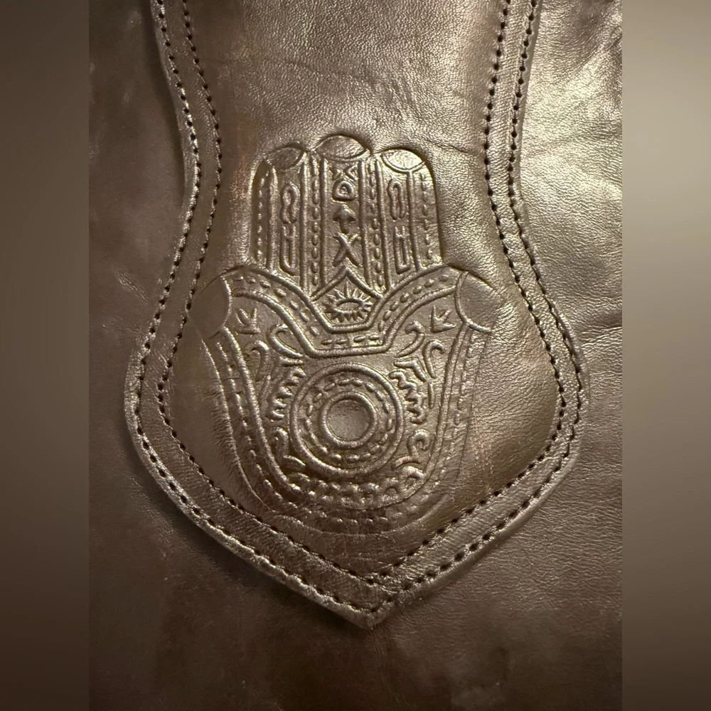 Moroccan Hand-Tooled Leather Crossbody Satchel Hamsa Hand Boho Bag - Picture 3 of 10